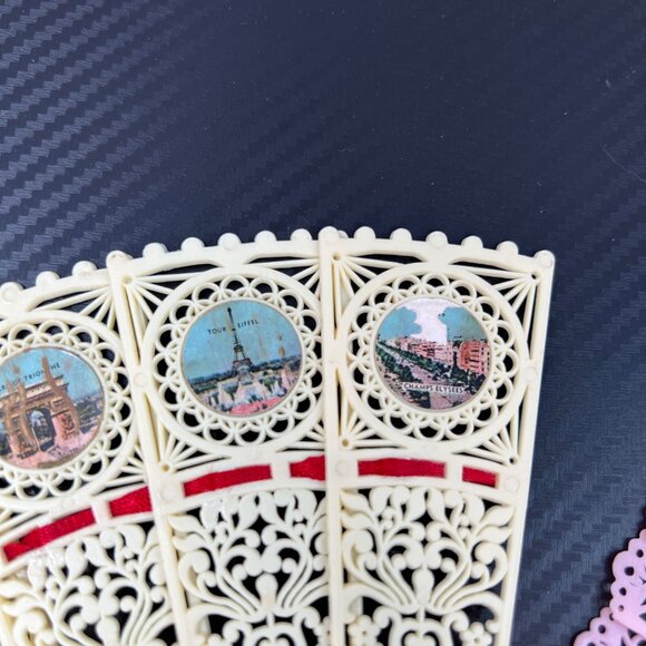 Vintage Pink & Ivory Souvenir Celluloid Plastic Lace Folding Hand Fans SET OF 2 - Picture 9 of 12